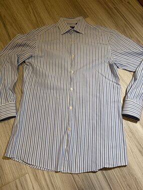Hugo Boss White Shirt with Blue Vertical Stripes - Button Front